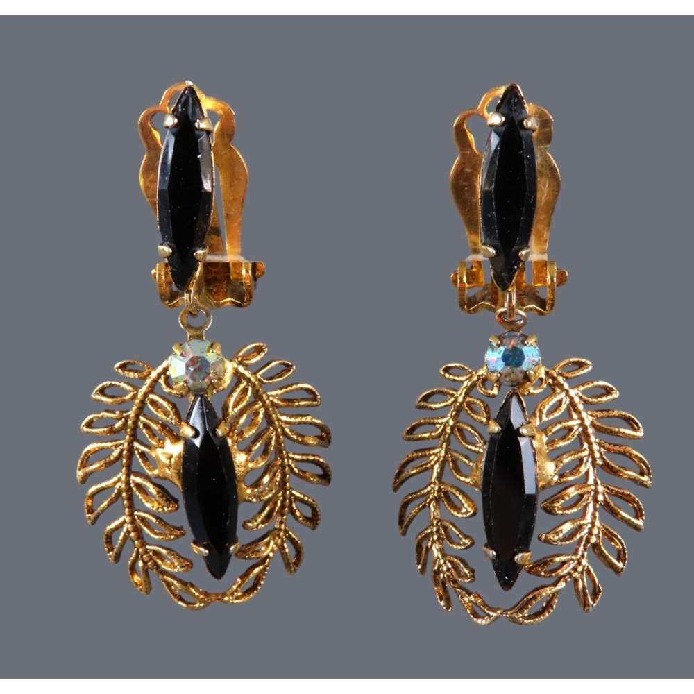 VTG GOLD TONE CLIP-ON EARRINGS Juliana Style BLACK NAVETTE Leaves AB Rhinestones